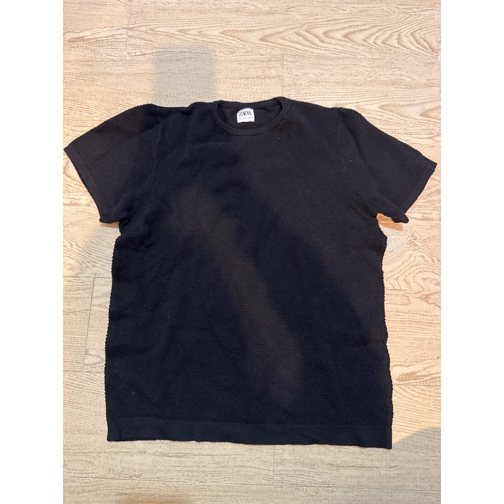 Zara Mens Textured Knit Short Sleeve Sweater Black Crew Neck Size Large